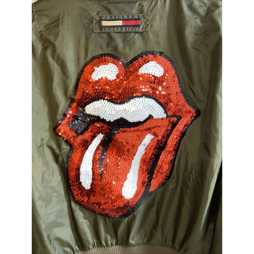 Tommy Hilfiger‎ XL Women's Olive Green Bomber Jacket Rolling Stones Sequin - Picture 7 of 8